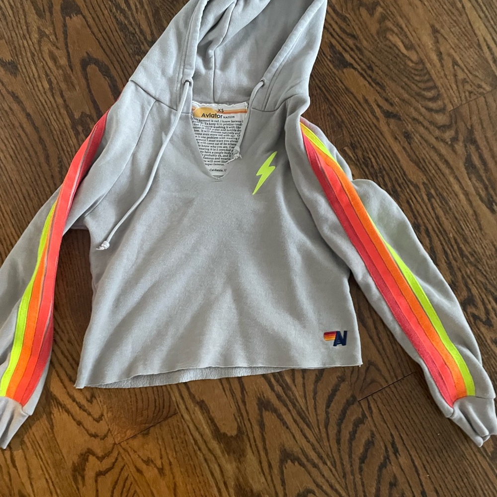 Aviator Nation Gray Hoodie with Rainbow Stripes